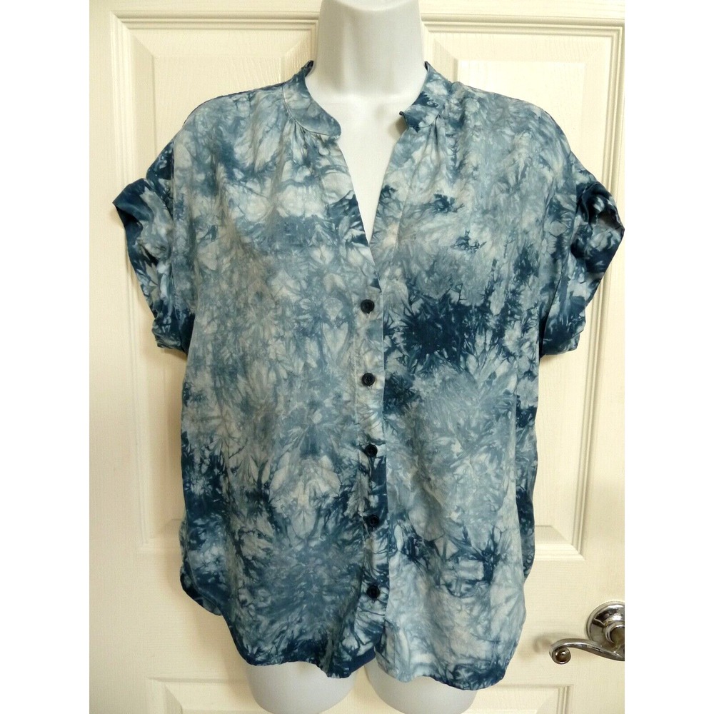 Cloth & Stone Anthropologie Blue Tie Dye Tencel Blouse Cuffed Short Sleeve Small